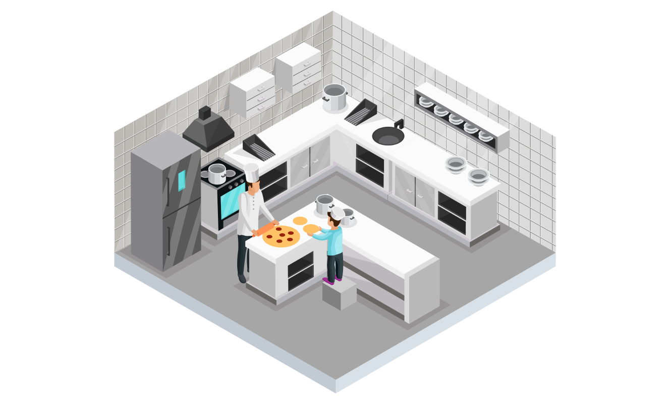 Изометрическая иллюстрация профессиональной кухни