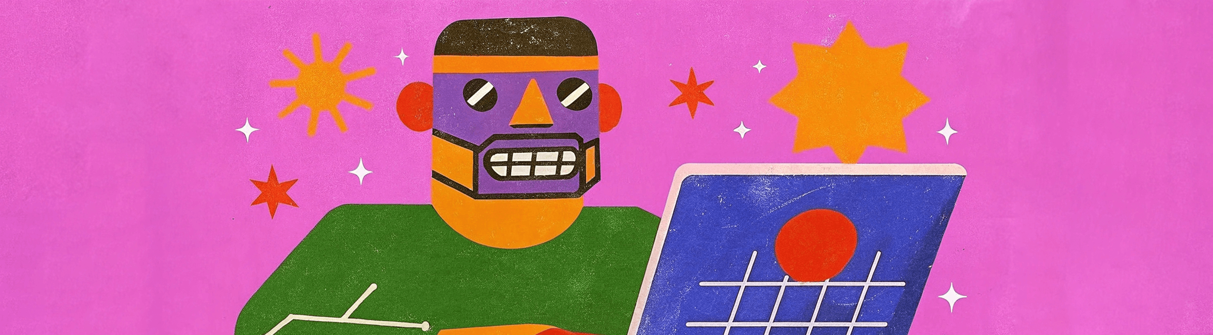 Рисунок робота на розовом фоне в стиле Юрия Татьянинова