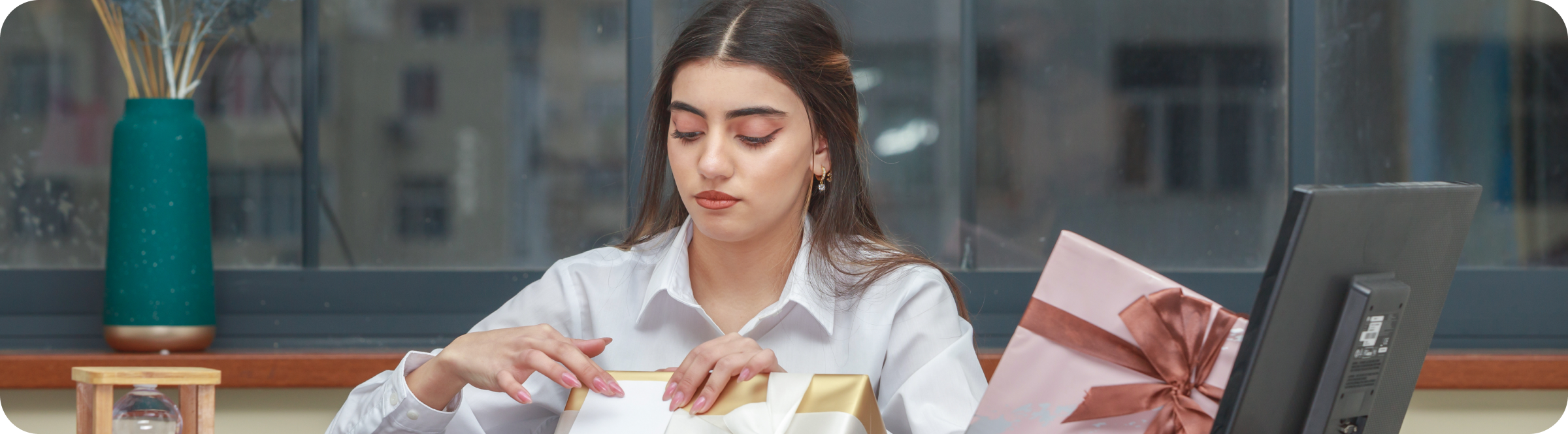 На фотографии офисная сотрудница открывает подарки